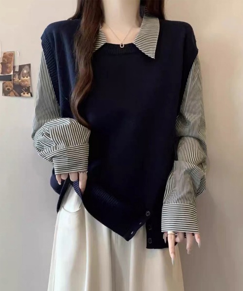 ReRe(リリ)の「ストライプ柄シャツ襟ドッキングニット(ニット/セーター・レディース・グレー/ホワイト/ネイビー・FREE)」の15枚目の写真