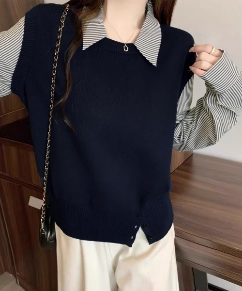 ReRe(リリ)の「ストライプ柄シャツ襟ドッキングニット(ニット/セーター・レディース・グレー/ホワイト/ネイビー・FREE)」の18枚目の写真