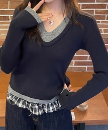レイヤード風リブニット バイカラー フェイクレイヤード ニット リブニット レイヤード風トップス 長袖 レイヤードトップス 配色ニット Vネック 秋服 冬服