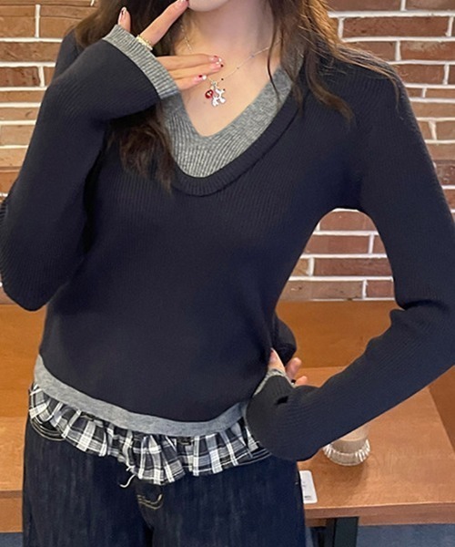 COCOMOMO(ココモモ)の「レイヤード風リブニット バイカラー フェイクレイヤード ニット リブニット レイヤード風トップス 長袖 レイヤードトップス 配色ニット Vネック 秋服 冬服(ニット/セーター・レディース・グレー/ネイビー/ベージュ/ブラック・FREE)」の4枚目の写真