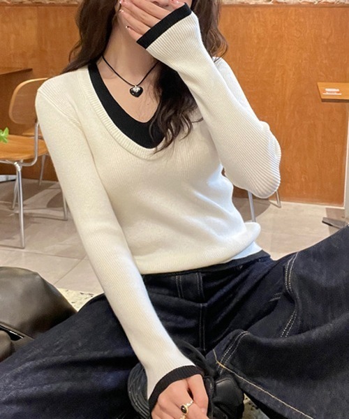 COCOMOMO(ココモモ)の「レイヤード風リブニット バイカラー フェイクレイヤード ニット リブニット レイヤード風トップス 長袖 レイヤードトップス 配色ニット Vネック 秋服 冬服(ニット/セーター・レディース・グレー/ネイビー/ベージュ/ブラック・FREE)」の16枚目の写真