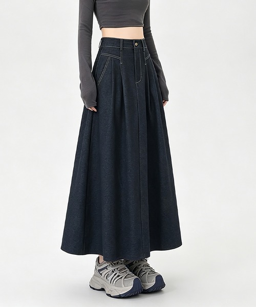 Doux Belle（ドゥーベル）の「タック入りデニムロングスカート（デニムスカート・レディース・ブラック/ネイビー・MEDIUM/X-LARGE/LARGE）」の7枚目の写真