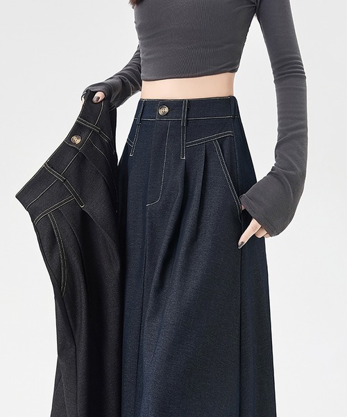 Doux Belle（ドゥーベル）の「タック入りデニムロングスカート（デニムスカート・レディース・ブラック/ネイビー・MEDIUM/X-LARGE/LARGE）」の8枚目の写真