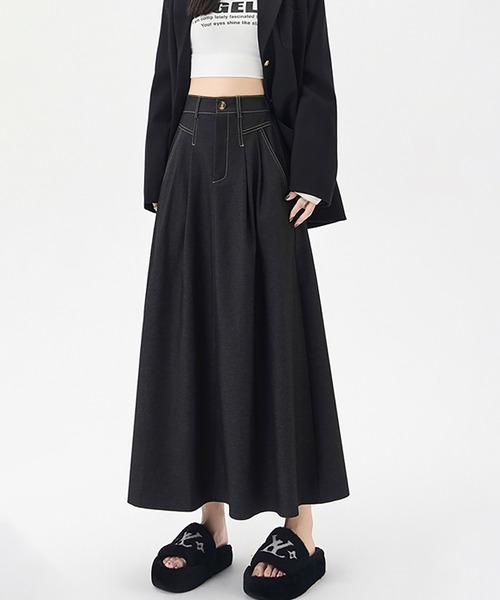Doux Belle（ドゥーベル）の「タック入りデニムロングスカート（デニムスカート・レディース・ブラック/ネイビー・MEDIUM/X-LARGE/LARGE）」の13枚目の写真