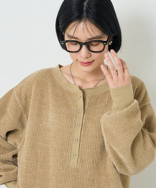 FREAK'S STORE（フリークスストア）の「モールワッフル ヘンリーネック Tシャツ/ヘンリーカットソー（Tシャツ/カットソー・レディース・ナチュラル/ピンク/ベージュ/チャコール/ブラウン・ﾌﾘ-）」の4枚目の写真