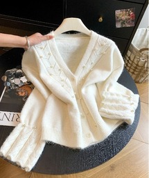 パールビジューケーブルニットカーディガン