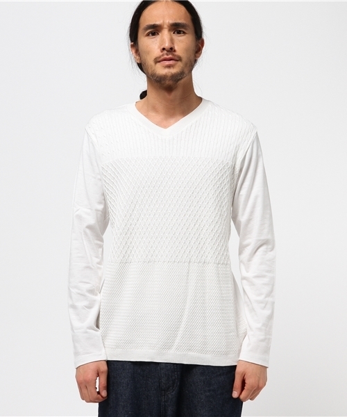 VENCEEXCHANGE（ヴァンスエクスチェンジ）の「ニット切替Vネック長袖T      （Tシャツ/カットソー・メンズ・ブラック/オフホワイト/グレー・LARGE/MEDIUM）」の11枚目の写真