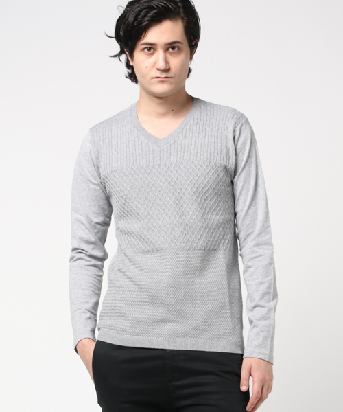 VENCEEXCHANGE（ヴァンスエクスチェンジ）の「ニット切替Vネック長袖T      （Tシャツ/カットソー・メンズ・ブラック/オフホワイト/グレー・LARGE/MEDIUM）」の3枚目の写真