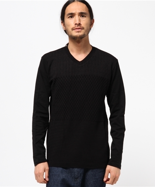 VENCEEXCHANGE（ヴァンスエクスチェンジ）の「ニット切替Vネック長袖T      （Tシャツ/カットソー・メンズ・ブラック/オフホワイト/グレー・LARGE/MEDIUM）」の2枚目の写真