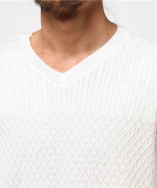 VENCEEXCHANGE（ヴァンスエクスチェンジ）の「ニット切替Vネック長袖T      （Tシャツ/カットソー・メンズ・ブラック/オフホワイト/グレー・LARGE/MEDIUM）」の6枚目の写真