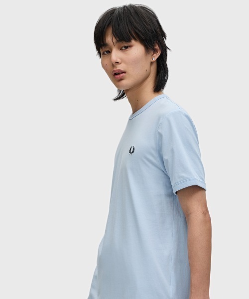 【美品】FRED PERRY フレッドペリー リンガーTシャツ／水色×黒ライン m4620_01.jpg