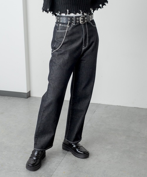 RASVOA(ラスボア)の「OneWashハイウエストストレート配色ステッチデニム(デニムパンツ・レディース・ブラック/ネイビー・S/M)」の1枚目の写真