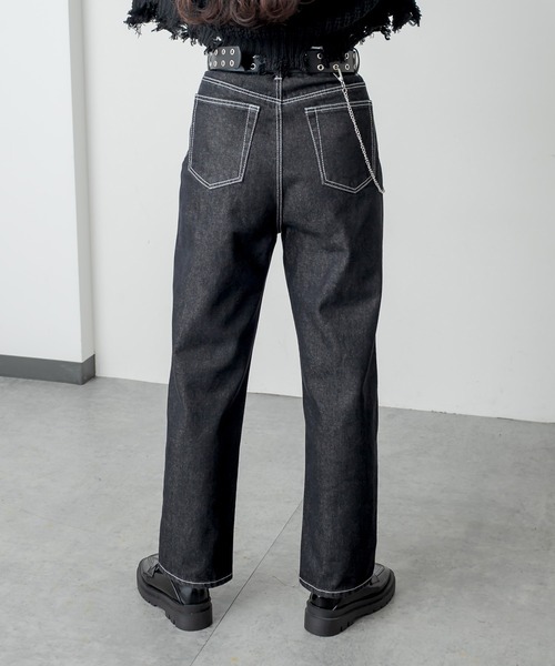 RASVOA(ラスボア)の「OneWashハイウエストストレート配色ステッチデニム(デニムパンツ・レディース・ブラック/ネイビー・S/M)」の6枚目の写真