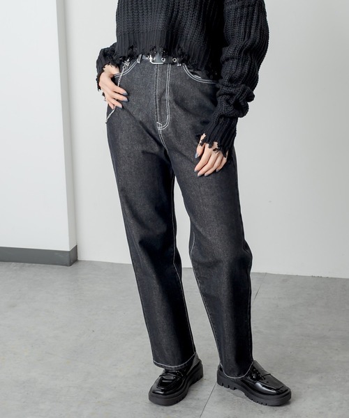 RASVOA(ラスボア)の「OneWashハイウエストストレート配色ステッチデニム(デニムパンツ・レディース・ブラック/ネイビー・S/M)」の3枚目の写真