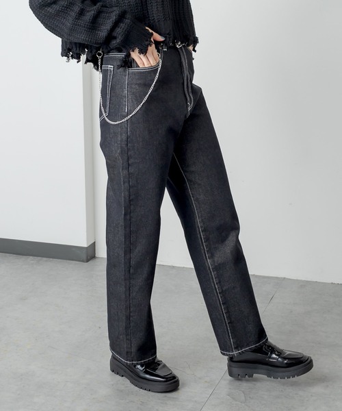 RASVOA(ラスボア)の「OneWashハイウエストストレート配色ステッチデニム(デニムパンツ・レディース・ブラック/ネイビー・S/M)」の5枚目の写真