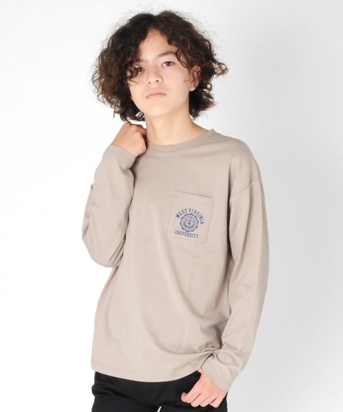 GLAZOS（グラソス）の「タフ天竺・ドロップショルダーポケットプリント長袖Ｔシャツ（Tシャツ/カットソー・キッズ・ホワイト/ブラック/グレー/ブルー・130cm/140cm/150cm/160cm/170cm）」の3枚目の写真