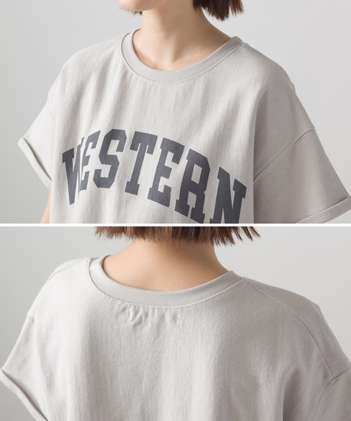 OMNES（オムネス）の「バスク生地 ロゴプリントフレンチスリーブTシャツ 半袖Tシャツ（Tシャツ/カットソー・レディース・ブラック/グレー/ホワイト/ネイビー・FREE）」の5枚目の写真