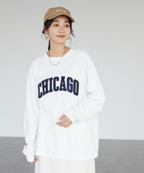 SEVENDAYS=SUNDAY（セブンデイズサンデイ）の「16/-OE天竺フェルト刺繍ロンTEE-A　＊（Tシャツ/カットソー・レディース・グリーン/ベージュ/オフホワイト・S/M/L）」の2枚目の写真
