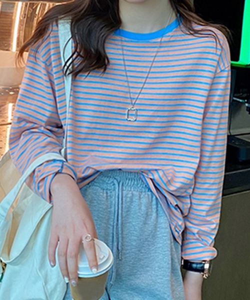 DAY CLOSET(デイ クローゼット)の「レディース ボーダー柄ドロップショルダーロングTシャツ(Tシャツ/カットソー・レディース・レッド/ピンク/イエロー/オレンジ/ホワイト×ブラック/イエロー×グレー・ONE SIZE)」の4枚目の写真