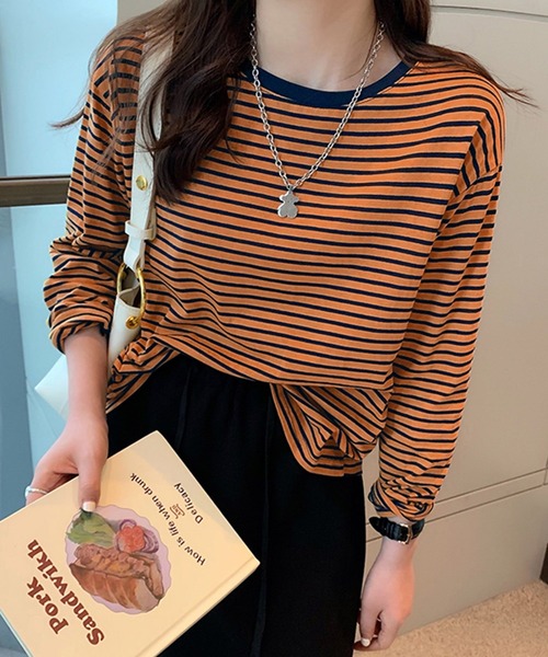 DAY CLOSET(デイ クローゼット)の「レディース ボーダー柄ドロップショルダーロングTシャツ(Tシャツ/カットソー・レディース・レッド/ピンク/イエロー/オレンジ/ホワイト×ブラック/イエロー×グレー・ONE SIZE)」の6枚目の写真