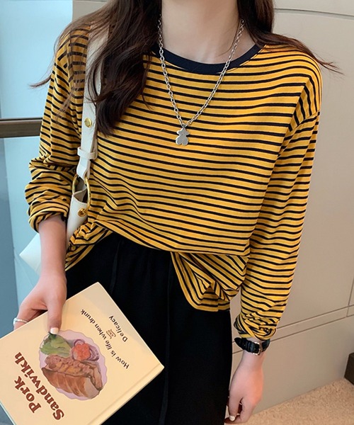 DAY CLOSET(デイ クローゼット)の「レディース ボーダー柄ドロップショルダーロングTシャツ(Tシャツ/カットソー・レディース・レッド/ピンク/イエロー/オレンジ/ホワイト×ブラック/イエロー×グレー・ONE SIZE)」の11枚目の写真