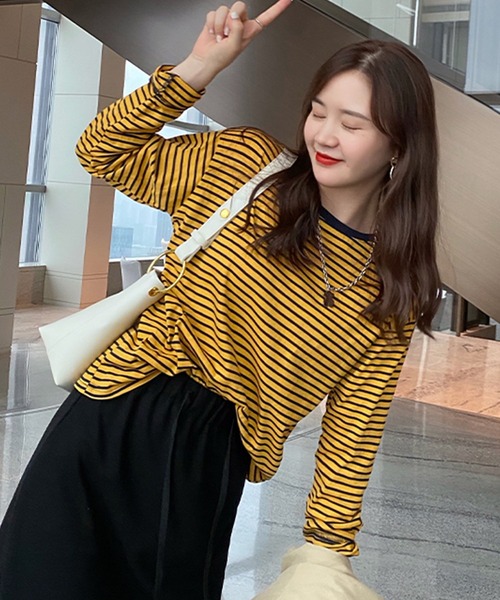 DAY CLOSET(デイ クローゼット)の「レディース ボーダー柄ドロップショルダーロングTシャツ(Tシャツ/カットソー・レディース・レッド/ピンク/イエロー/オレンジ/ホワイト×ブラック/イエロー×グレー・ONE SIZE)」の18枚目の写真