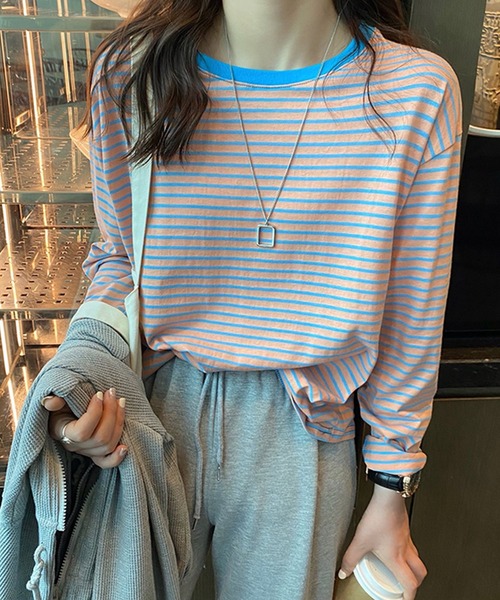 DAY CLOSET(デイ クローゼット)の「レディース ボーダー柄ドロップショルダーロングTシャツ(Tシャツ/カットソー・レディース・レッド/ピンク/イエロー/オレンジ/ホワイト×ブラック/イエロー×グレー・ONE SIZE)」の17枚目の写真