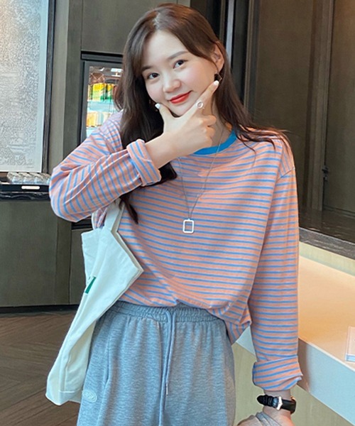 DAY CLOSET(デイ クローゼット)の「レディース ボーダー柄ドロップショルダーロングTシャツ(Tシャツ/カットソー・レディース・レッド/ピンク/イエロー/オレンジ/ホワイト×ブラック/イエロー×グレー・ONE SIZE)」の16枚目の写真