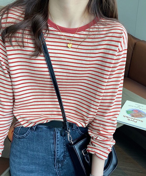 DAY CLOSET(デイ クローゼット)の「レディース ボーダー柄ドロップショルダーロングTシャツ(Tシャツ/カットソー・レディース・レッド/ピンク/イエロー/オレンジ/ホワイト×ブラック/イエロー×グレー・ONE SIZE)」の12枚目の写真