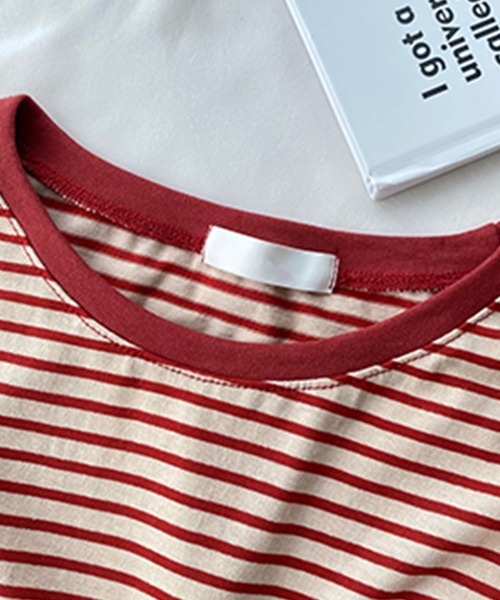 DAY CLOSET(デイ クローゼット)の「レディース ボーダー柄ドロップショルダーロングTシャツ(Tシャツ/カットソー・レディース・レッド/ピンク/イエロー/オレンジ/ホワイト×ブラック/イエロー×グレー・ONE SIZE)」の14枚目の写真