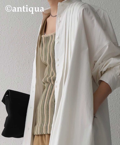 antiqua（アンティカ）の「プリーツシャツワンピース（ワンピース・レディース・ブラック/オフホワイト・FREE）」の5枚目の写真