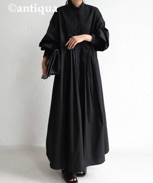 antiqua（アンティカ）の「プリーツシャツワンピース（ワンピース・レディース・ブラック/オフホワイト・FREE）」の4枚目の写真