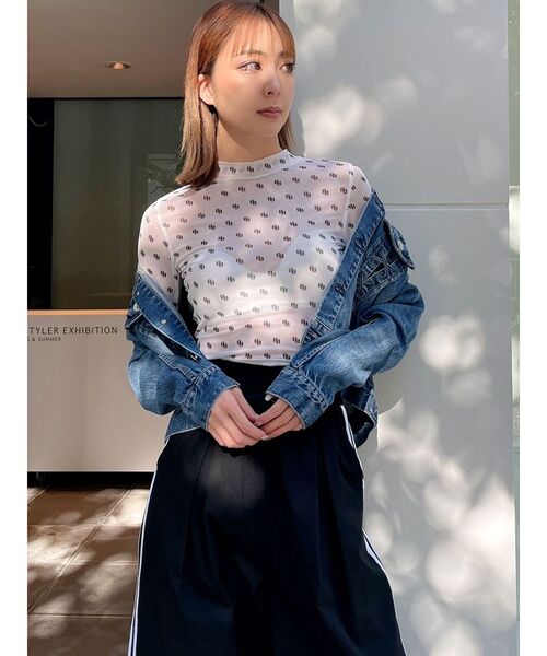 GYDA（ジェイダ）の「GG PATTERN SHEER トップス（Tシャツ/カットソー・レディース・オフホワイト/ブラック・FREE）」の14枚目の写真