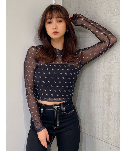 GYDA（ジェイダ）の「GG PATTERN SHEER トップス（Tシャツ/カットソー・レディース・オフホワイト/ブラック・FREE）」の20枚目の写真