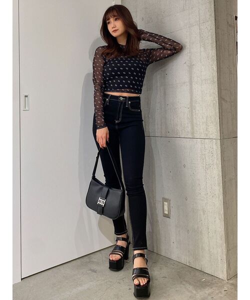 GYDA（ジェイダ）の「GG PATTERN SHEER トップス（Tシャツ/カットソー・レディース・オフホワイト/ブラック・FREE）」の8枚目の写真