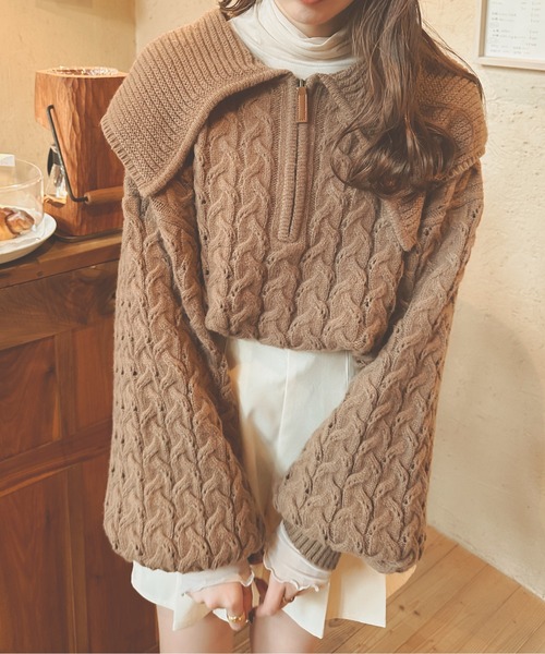 Ambre Neige（アンブルネージュ）の「ケーブルハーフジップポロニット／【WEB/EC限定商品】（ニット/セーター・レディース・アイボリー/ライトグリーン/モカ・FREE）」の10枚目の写真