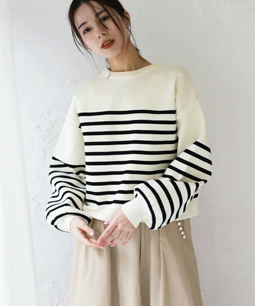 REAL CUBE(リアルキューブ)の「前後2wayボーダーニットカーディガン(ニット/セーター・レディース・ネイビー/オフホワイト・M)」の5枚目の写真