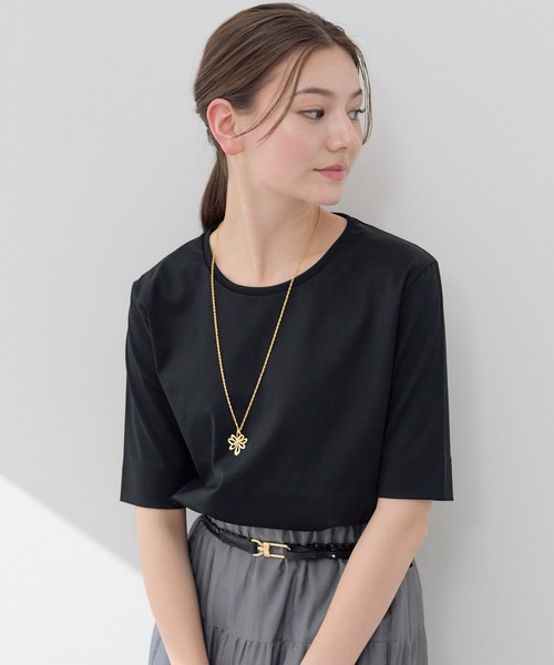 アナイ コットンスムース5分袖 プルオーバー Tシャツ カットソー 38 黒 ANAYI（アナイ）の「コットンスムース5分袖 プルオーバー（Tシャツ