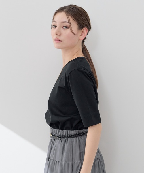 アナイ コットンスムース5分袖 プルオーバー Tシャツ カットソー 38 黒 ANAYI（アナイ）の「コットンスムース5分袖 プルオーバー（Tシャツ