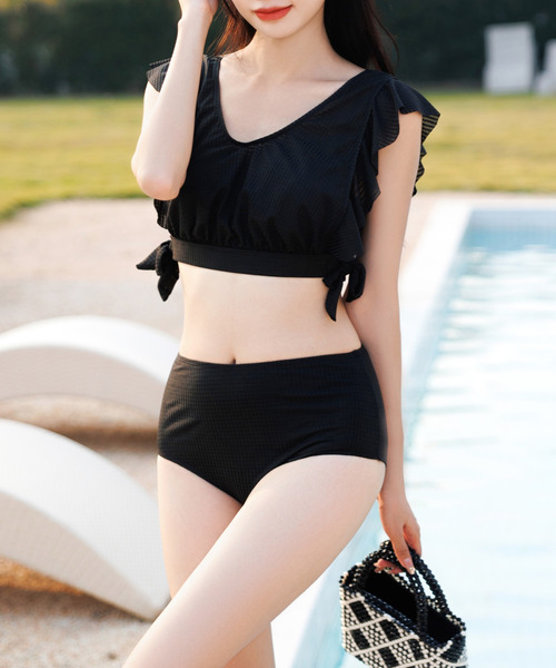 レディース水着 2WAYハイウエストビキニ+フリルクロップドトップス 3点