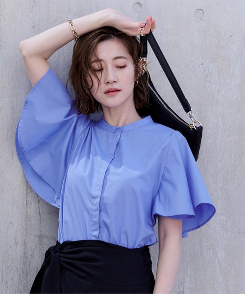 フレアリーブバンドカラーシャツ