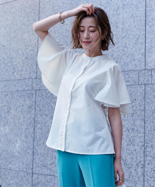 フレアリーブバンドカラーシャツ