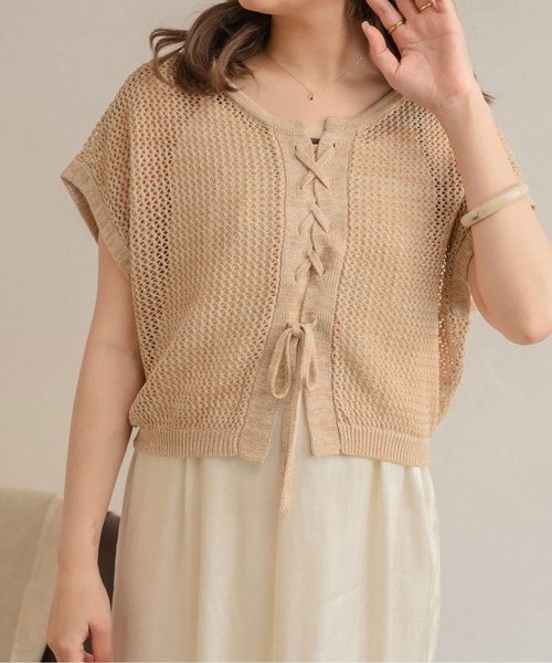 Ambre Neige（アンブルネージュ）の「２WAYレースアップメッシュトップス／【WEB/EC限定商品】（Tシャツ/カットソー・レディース・ダークブラウン/アイボリー・FREE）」の3枚目の写真