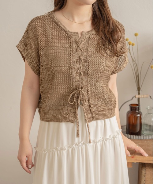 Ambre Neige（アンブルネージュ）の「２WAYレースアップメッシュトップス／【WEB/EC限定商品】（Tシャツ/カットソー・レディース・ダークブラウン/アイボリー・FREE）」の5枚目の写真