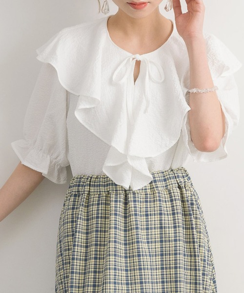 RETRO GIRL（レトロガール）の「ポコポコ襟フリルBL（シャツ/ブラウス・レディース・グリーン/ライトベージュ/アイボリー・FREE）」の2枚目の写真