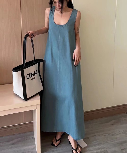 MAISON BREEZE(メゾンブリーズ)の「【MAISON BREEZE】リラックスデニムライクワンピース KNF019(ワンピース・レディース・ネイビー/サックスブルー・FREE)」の8枚目の写真