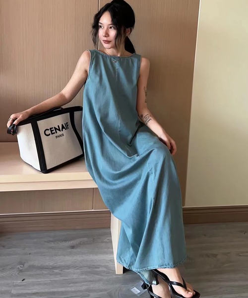 MAISON BREEZE(メゾンブリーズ)の「【MAISON BREEZE】リラックスデニムライクワンピース KNF019(ワンピース・レディース・ネイビー/サックスブルー・FREE)」の6枚目の写真