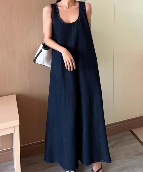 MAISON BREEZE(メゾンブリーズ)の「【MAISON BREEZE】リラックスデニムライクワンピース KNF019(ワンピース・レディース・ネイビー/サックスブルー・FREE)」の5枚目の写真