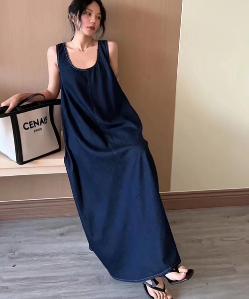 MAISON BREEZE(メゾンブリーズ)の「【MAISON BREEZE】リラックスデニムライクワンピース KNF019(ワンピース・レディース・ネイビー/サックスブルー・FREE)」の7枚目の写真