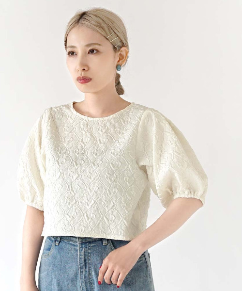 e-zakkamania stores(イーザッカマニアストアーズ)の「サテンジャガード ショートプルオーバー(Tシャツ/カットソー・レディース・ブラック/アイボリー・フリー)」の6枚目の写真